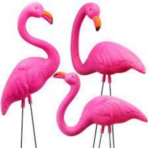 DESCRIPTION: (3) YARD FLAMINGOS INFORMATION: PINK, PLASTIC SIZE: COME WITH STAND RETAIL$: $21.99 EA QTY: 3