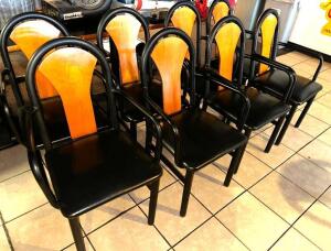 (8) HEAVY DUTY CHAIRS W/ METAL FRAME, BLACK PADDED SEAT, AND WOOD BACK.