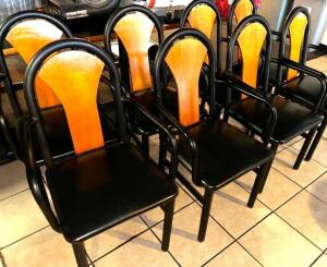 (6) HEAVY DUTY CHAIRS W/ METAL FRAME, BLACK PADDED SEAT, AND WOOD BACK.