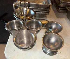 ASSORTED STAINLESS SAUCE BOWLS AND (1) STAND