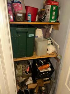 CONTENTS OF CLOSET - ASSORTED HARDWARE, CLEANING PRODUCTS, AND MISC.