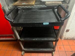 THREE TIER BLACK PLASTIC UTILITY CART.