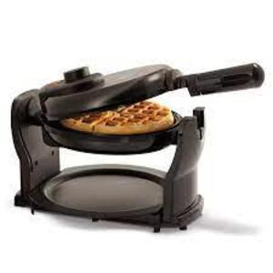 DESCRIPTION: (1) ROTATING BELGIAN WAFFLE MAKER BRAND/MODEL: KITCHENSMITH BY BELLA INFORMATION: BLACK SIZE: 4 SQUARE WAFFLE RETAIL$: $25.90 EA QTY: 1