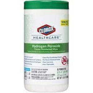 DESCRIPTION: (6) HYDROGEN PEROXIDE CLEANER DISINFECTANT WIPES BRAND/MODEL: CLOROX HEALTHCARE SIZE: 95 WIPES PER CANISTER RETAIL$: $65.99 EA QTY: 6