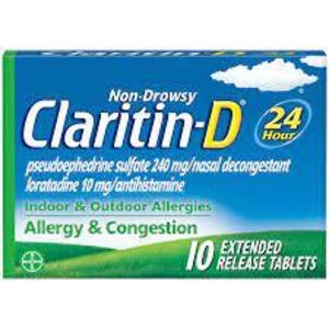 DESCRIPTION: (6) INDOOR AND OUTDOOR ALLERGIES EXTENDED RELEASE TABLETS BRAND/MODEL: CLARITIN-D RETAIL$: $13.99 EA QTY: 6