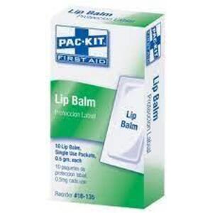 DESCRIPTION: (10) BOXES OF (10) PACKETS OF LIP BALM BRAND/MODEL: FIRST AID ONLY #39P062 SIZE: .5 OZ RETAIL$: $5.00 EA QTY: 10