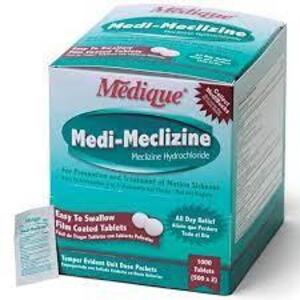 DESCRIPTION: (4) MOTION SICKNESS TABLETS BRAND/MODEL: MEDIQUE MEDI-MECLIZINE SIZE: 100 TABLETS RETAIL$: $15.04 EA QTY: 4