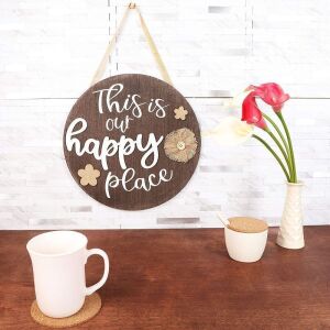 DESCRIPTION: (3) WOOD HANGING WELCOME SIGN BRAND/MODEL: FARMLYN CREEK BURLAP #LJ-WJZSH-052120-03-1 INFORMATION: "THIS IS OUR HAPPY PLACE" RETAIL$: $10