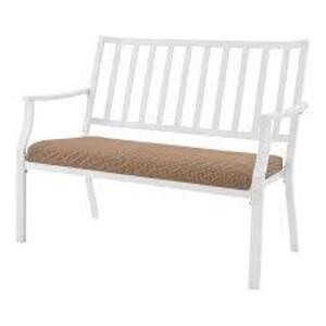 DESCRIPTION: (1) HARBOR POINT BENCH BRAND/MODEL: HAMPTON BAY INFORMATION: WHITE FINISH, ALL WEATHER RESIN WICKER, POWDER COATED STEEL FRAME SIZE: 2 PE