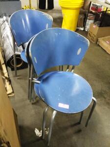 DESCRIPTION: (4) STACKABLE WOODEN CHAIRS WITH BACK INFORMATION: BLUE SIZE: CIRCLE SEAT RETAIL$: $140.00 EA QTY: 4