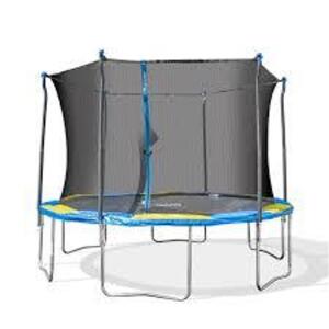 DESCRIPTION: (1) TRAMPOLINE WITH SAFETY NETTING BRAND/MODEL: BOUNCE PRO INFORMATION: BLUE AND YELLOW SIZE: 12' RETAIL$: $269.98 EA QTY: 1