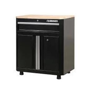 DESCRIPTION: (1) HEAVY DUTY STORAGE CABINET WITH WORK SPACE BRAND/MODEL: HUSKY #1002953222 INFORMATION: BLACK SIZE: 1 DRAWER, 2 DOOR RETAIL$: $529.99