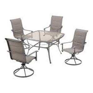 DESCRIPTION: (1) OUTDOOR DINING SET, ASHBURY DESIGN BRAND/MODEL: HAMPTON BAY INFORMATION: PEWTER FINISH SIZE: 5 PIECE, 4 CHAIRS AND TABLE RETAIL$: $59