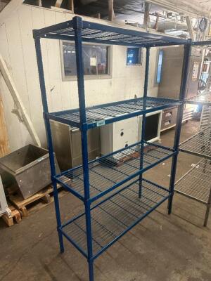 48" X 18" FOUR TIER BLUE METAL SHELF.