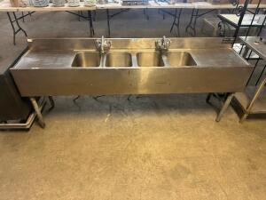 84" FOUR WELL STAINLESS BAR SINK W/ LEFT AND RIGHT DRY BOARD.