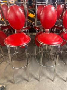 (4) 30" BAR STOOLS W/ CHROME FRAME AND RED PADDED SEATS.