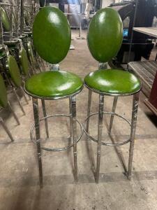 (4) 30" BAR STOOLS W/ CHROME FRAME AND GREEN PADDED SEATS.