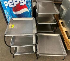 (3) GROUP STAINLESS PLATTER STAND AND TRAY SET.