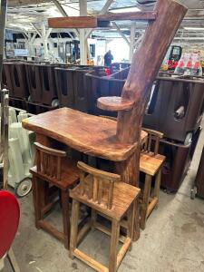 48" X 25" CUSTOM MADE PINE WOOD TABLE W/ (4) BAR STOOLS