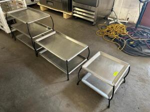 (3) GROUP STAINLESS PLATTER STAND AND TRAY SET.