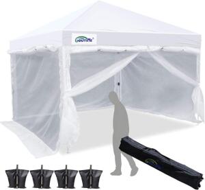 GOUTIME POP UP CANOPY WITH WHITE MESH SIDE WALLS, 10 X 10 FT SCREEN TENT