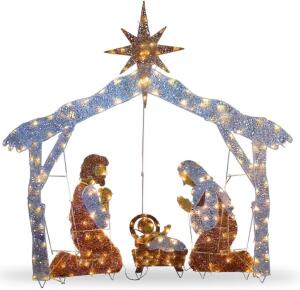 NATIONAL TREE COMPANY LIT ARTIFICIAL CHRISTMAS TREE INCLUDES PRE-STRUNG MINI WHITE LIGHTS AND GROUND STAKES CRYSTAL HOLY FAMILY NATIVITY-6 FT