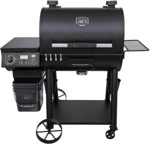 OKLAHOMA JOE'S 20202106 RIDER DELUXE PELLET GRILL, 55. 5" W X 54. 2" H X 31. 2" D. WEIGHS 223 LBS, BLACK