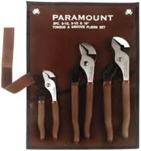 DESCRIPTION: (1) TONGUE AND GROOVE PLIERS BRAND/MODEL: PARAMOUNT #77476604 INFORMATION: 3 PIECE SIZE: 6-1/2, 9-1/2, 10" RETAIL$: $51.00 TOTAL QTY: 1