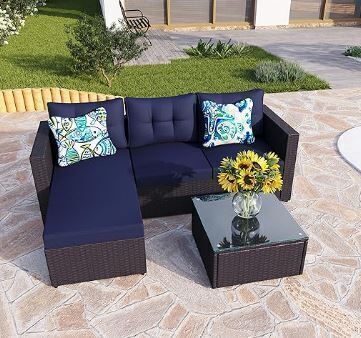 DESCRIPTION: (1) OUTDOOR SEATING SET BRAND/MODEL: PHI VILLA INFORMATION: BLUE AND WICKER SIZE: 3 PIECE SET RETAIL$: $345.99 EA QTY: 1