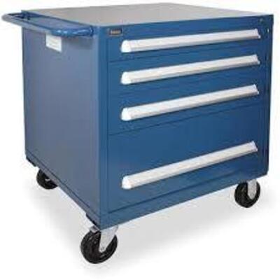 DESCRIPTION: (1) TOOL STORAGE BOX WITH ADJUSTABLE DIVIDERSBRAND/MODEL: VIDMARINFORMATION: BLUE, NO WHEELSSIZE: 4 DRAWERS, 30" X 27 3/4" X 28"RETAIL$: $2411.74 EAQTY: 1