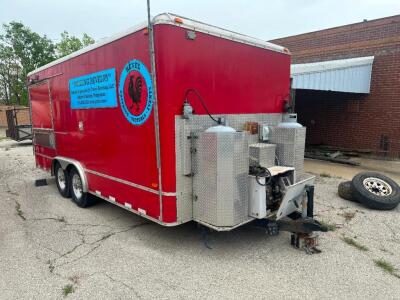 DESCRIPTION RELIABLE CUSTOM TRAILERS 18' X 90" FOOD TRUCK TRAILER FULLY LOADED. EQUIPPED WITH A 2' SERVICE SHELF FOR PROPANE TANKS AND GENERATOR. COME