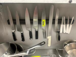 DESCRIPTION (12) ASSORTED KITCHEN KNIVES ADDITIONAL INFORMATION W/ MAGNETIC RAIL THIS LOT IS: SOLD BY THE PIECE LOCATION KITCHEN QTY 12