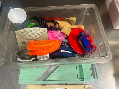 DESCRIPTION PLASTIC TOTE AND CONTENTS - ASSORTED SMAL WARES AND UTENSILS THIS LOT IS: ONE MONEY LOCATION KITCHEN QTY 1