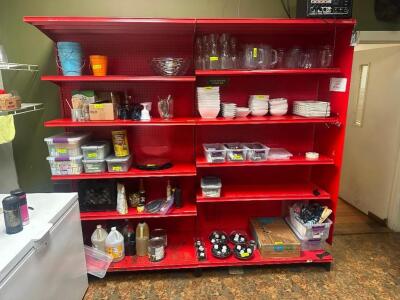 DESCRIPTION (4) 48"X 14" SIX TIER RED METAL GONDOLA WALL SHELVING UNITS. SIZE 48" X 14" X 80" THIS LOT IS: SOLD BY THE PIECE LOCATION KITCHEN QTY 2