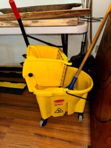 MOP BUCKET W/ ASSORTED LONG HANDLE TOOLS