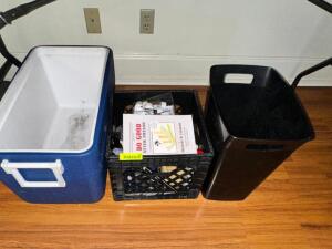 COOLER, TRASH CAN, AND CONTENTS OF MILK CRATE