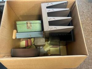 DESCRIPTION BOX OF VINTAGE OFFICE SUPPLIES AND CASH BOXES. THIS LOT IS: ONE MONEY LOCATION SITE 2 QTY 1