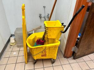 MOP BUCKET, MOP, AND WET FLOOR SIGN