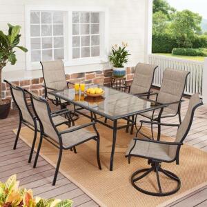 DESCRIPTION: (1) HIGHLAND KNOLLS OUTDOOR DINING SET BRAND/MODEL: MAINSTAYS/MSS128059664045 INFORMATION: 7-PIECES/BROWN & BLACK RETAIL$: $499.99 SIZE: