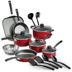 DESCRIPTION: (1) PRIMAWARE COOKWARE SET BRAND/MODEL: TRAMONTINA/80112/646 INFORMATION: RED/18-PIECES/NON-STICK RETAIL$: $49.97 SIZE: 3 QT/2QT/1QT/11"G