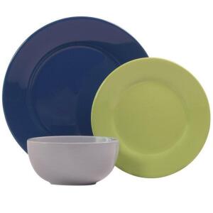 DESCRIPTION: (1) PASTEL STONEWARE DINNERWARE SET BRAND/MODEL: MAINSTAYS/30308 INFORMATION: MULTI-COLOR/COOL TONES/12-PIECES RETAIL$: $39.99 SIZE: (4)