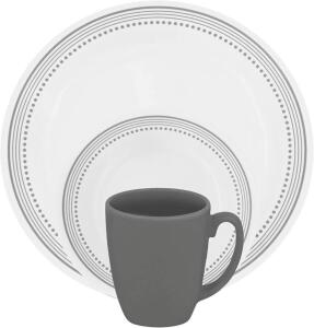 DESCRIPTION: (1) VITRELLE DINNERWARE SET BRAND/MODEL: CORELLE/200-01-0088 INFORMATION: MYSTIC GRAY/16-PIECES RETAIL$: $89.99 SIZE: (6) DINNER PLATES: