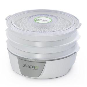 DESCRIPTION: (1) ELECTRIC FOOD DEHYDRATOR BRAND/MODEL: PRESTO DEHYDRO/06300 INFORMATION: WHITE/4-TRAYS RETAIL$: $39.82 SIZE: 14.25"L X 14.25"W X 6.5"H