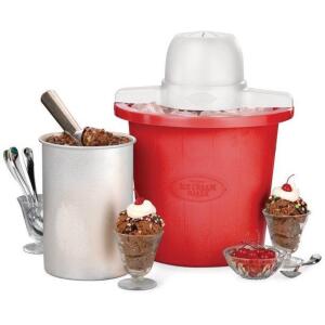 DESCRIPTION: (1) ELECTRIC ICE CREAM MAKER BRAND/MODEL: NOSTALGIA/ICMP4RD INFORMATION: RED/CAPACITY: 4-QUART RETAIL$: $29.96 SIZE: 13"L X 12.25"W X 16.