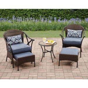 DESCRIPTION: (1) SKYLAR GLEN OUTDOOR LEISURE SET BRAND/MODEL: MAINSTAYS/MS47-301-003-01 INFORMATION: BLUE & BROWN/5-PIECES/WICKER RETAIL$: $299.00 SIZ