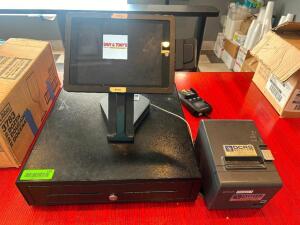 DESCRIPTION MOBILE BYTES THREE TERMINAL TOUCH SCREEN POS SYSTEM W/ (3) TABLETS. BRAND / MODEL: MOBILE BYTES ADDITIONAL INFORMATION W/ CASH DRAWERS AND