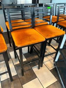 DESCRIPTION (4) 30" LADDER BACK METAL BAR STOOLS W/ ORANGE FABRIC SEATS. THIS LOT IS: SOLD BY THE PIECE LOCATION SEATING QTY 4