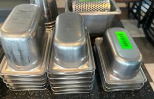 DESCRIPTION (14) 1/9TH SIZE STAINLESS INSERTS ADDITIONAL INFORMATION 4" DEEP THIS LOT IS: SOLD BY THE PIECE LOCATION SEATING QTY 14