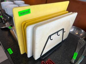 DESCRIPTION (9) PLASTIC CUTTING BOARDS W/ STAND THIS LOT IS: ONE MONEY LOCATION SEATING QTY 1