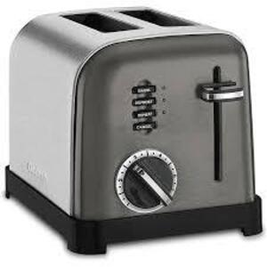 DESCRIPTION: (1) COMPACT TOASTER BRAND/MODEL: CUISINART INFORMATION: BLACK STAINLESS, CLASSIC METAL SIZE: 2 SLICE RETAIL$: $29.99 EA QTY: 1